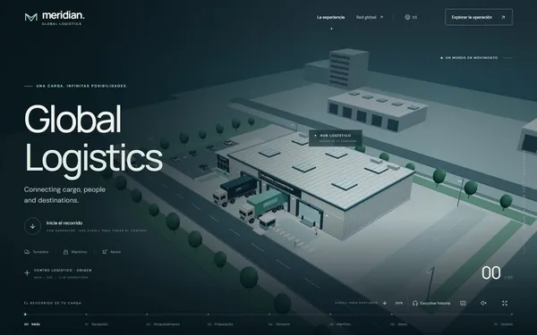 Meridian, experiencia logística 3D: centro logístico con camiones en el muelle de carga